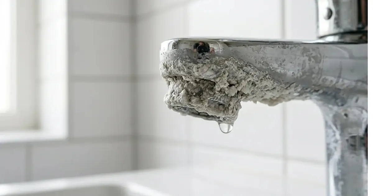 Cal acumulada visible en grifo, principal síntoma de agua dura